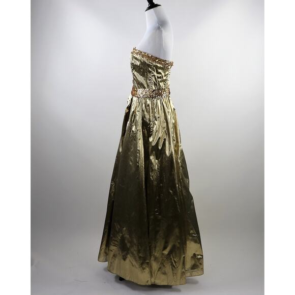 1980s XS Metallic Gold Strapless Gunne Sax Dress with Gold Sequin Belt - Picture 6 of 9